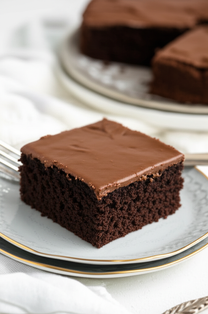 Square slice of moist chocolate cake with smooth chocolate frosting on a plate.
