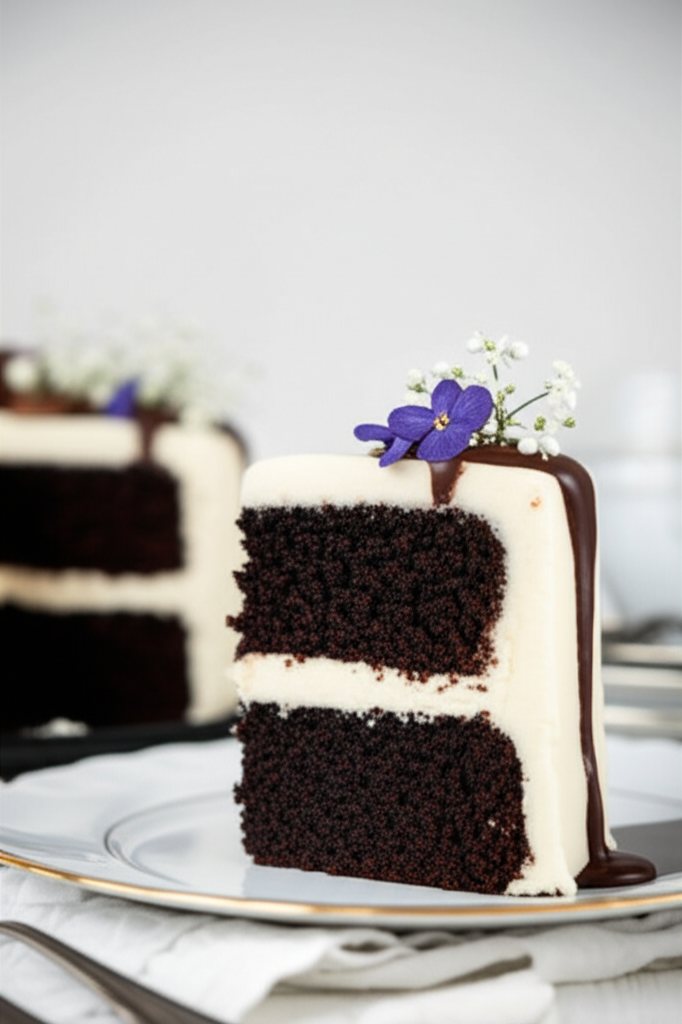 Slice of dark chocolate cake with white frosting, chocolate drizzle, and violet flower garnish.