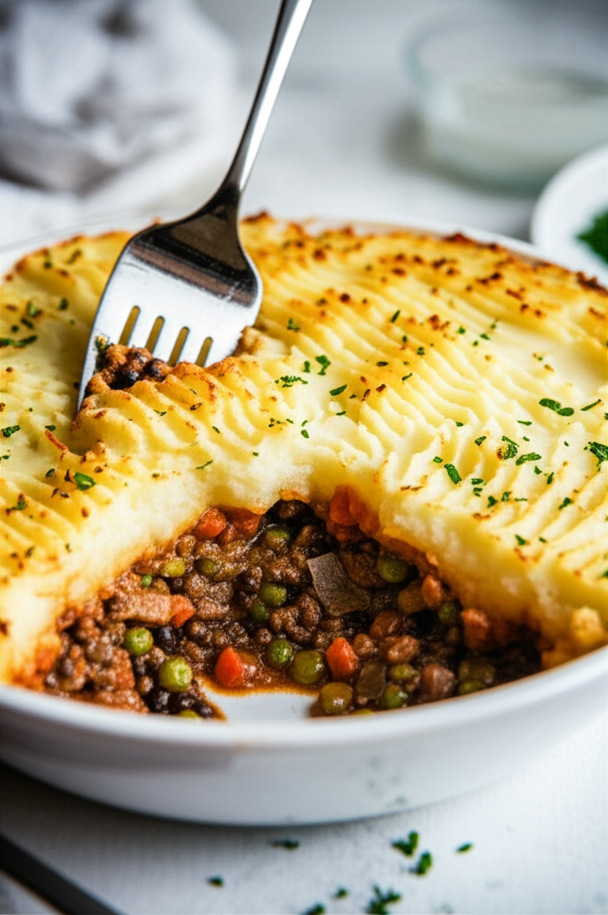 Shepherd's pie in white dish. Fork pierces meat and vegetable filling under piped, golden-brown mashed potato topping.