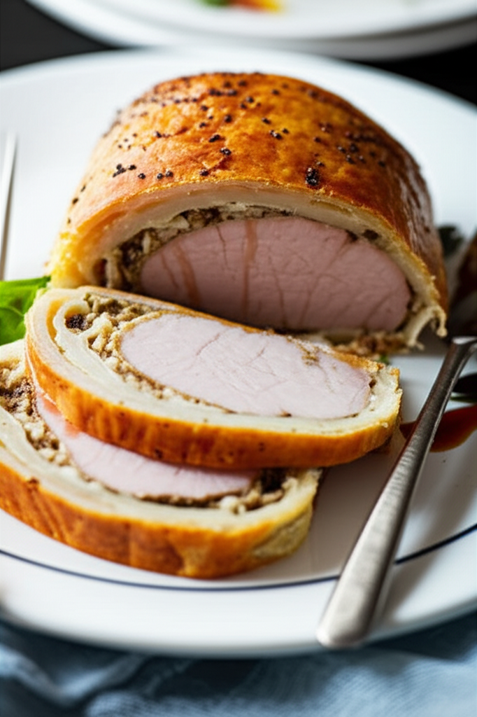 Sliced pork in pastry on a white plate. Golden-brown crust with a savory filling and tender pork inside.