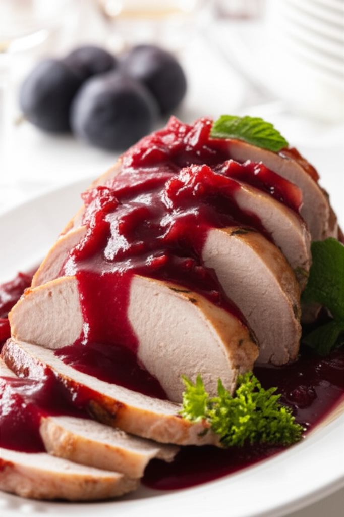 Sliced pork roast topped with plum sauce and fresh mint, served on a white plate.