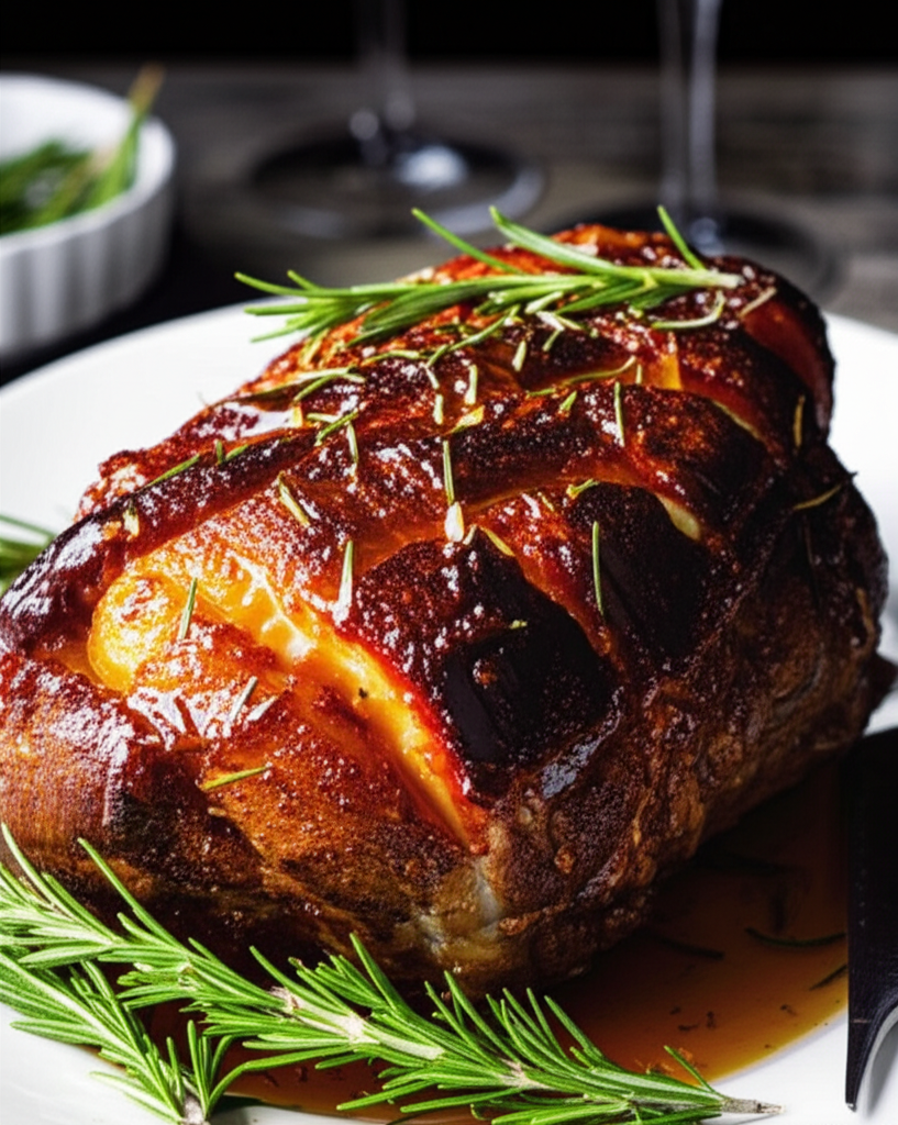 Roasted pork roast with a dark, glazed crust, garnished with fresh rosemary sprigs on a white plate.