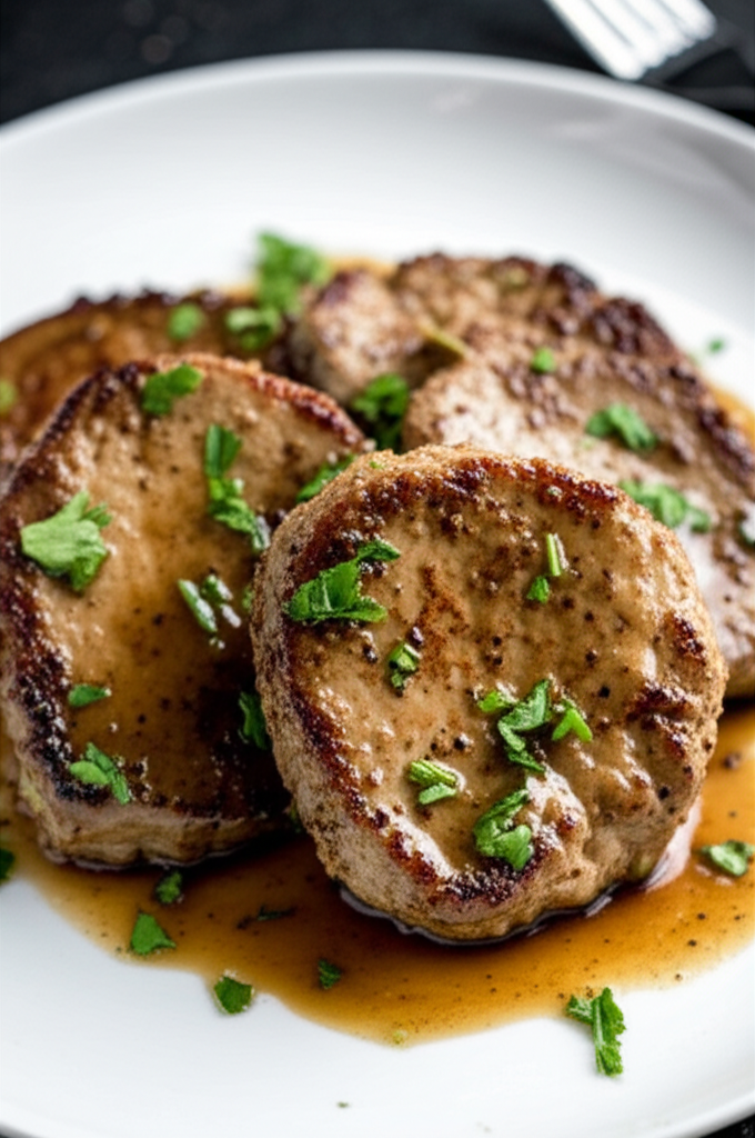 Seared pork tenderloin medallions with brown sauce, garnished with fresh parsley on a white plate.