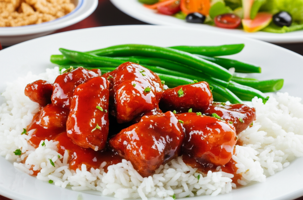 Sweet and sour pork: glossy red-sauced pork pieces over white rice, with bright green string beans on a white plate.