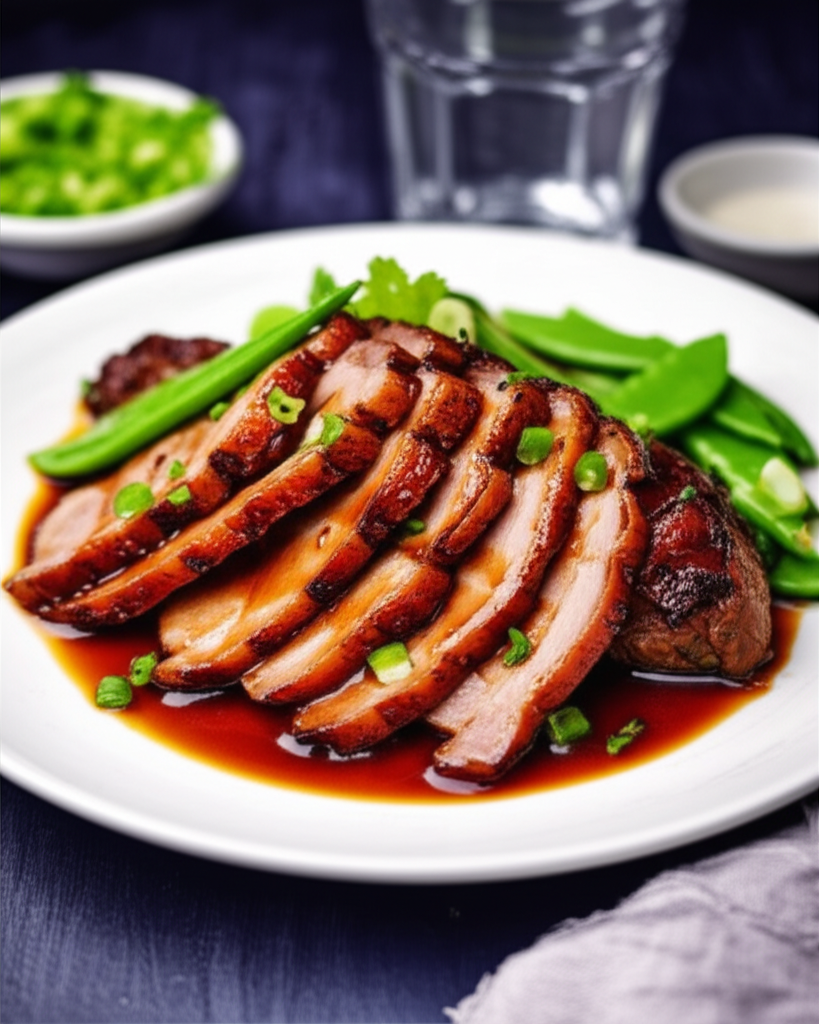 Sliced twice-cooked pork with snap peas and sauce on a white plate, garnished with green onions.