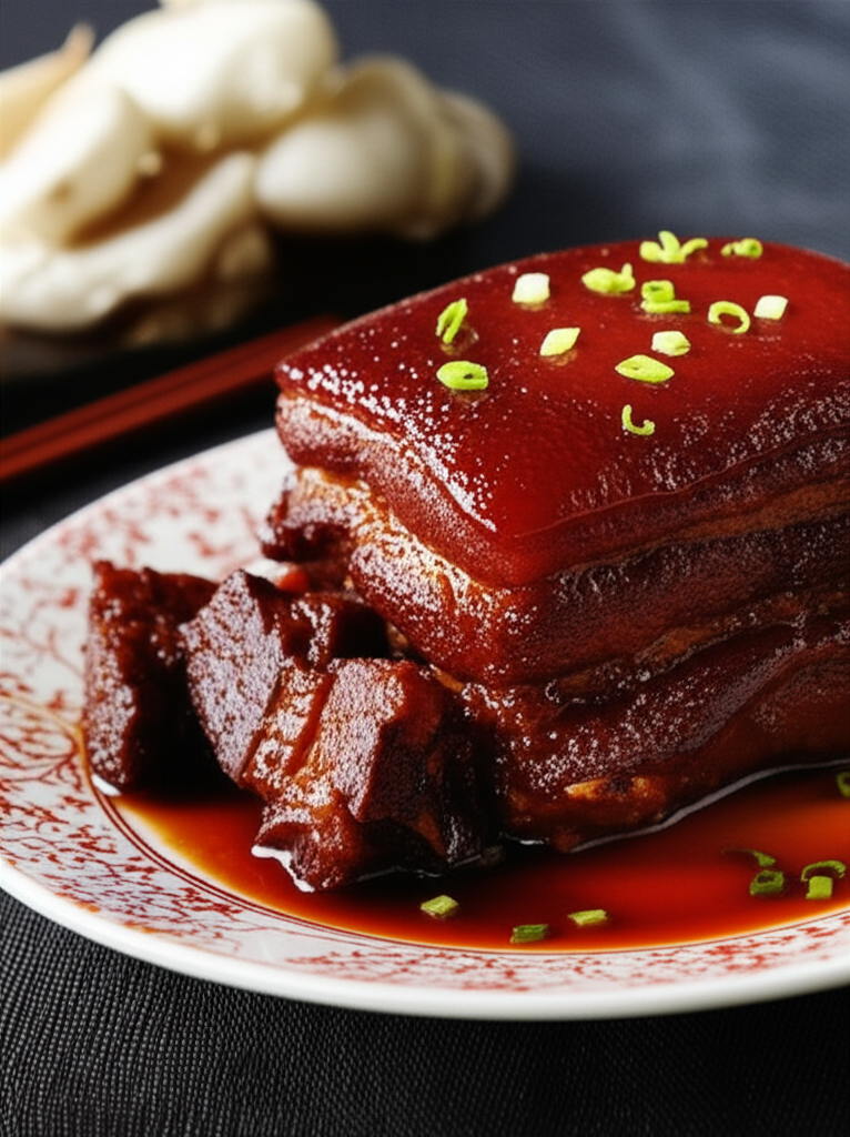 Braised red-cooked pork belly, glossy and tender, garnished with green onions on a patterned plate.