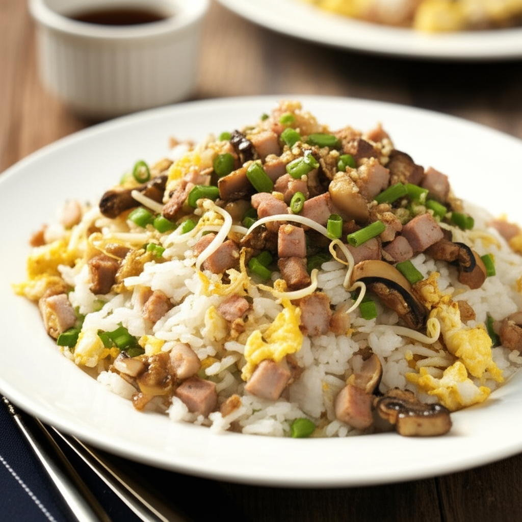 Pork fried rice on a white plate, with pork cubes, egg, mushrooms, bean sprouts, and green onions.