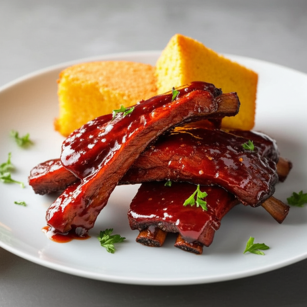 Oven-barbecued spareribs glazed with sauce, served with cornbread and parsley garnish on a white plate.