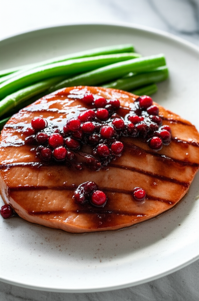 Grilled ham steak topped with currant sauce and cranberries, served with green beans on a white plate.
