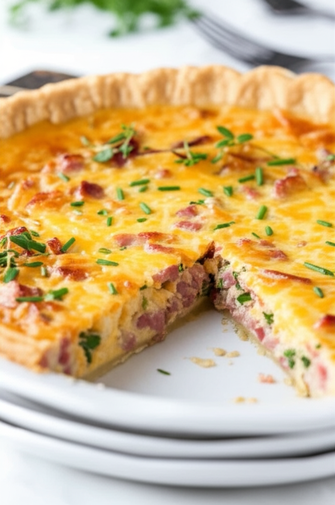 Baked ham and cheese pie with a slice cut out, topped with chives, on a white plate.