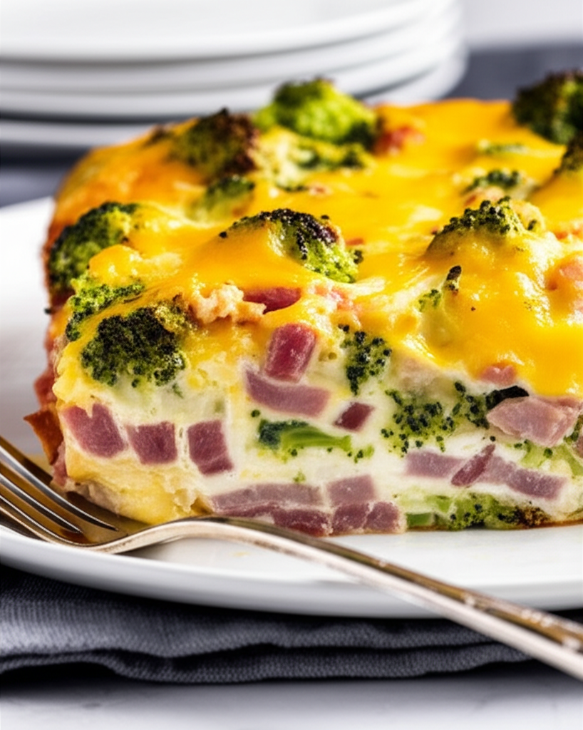 Slice of baked strata with ham, broccoli, and melted cheese on a white plate.