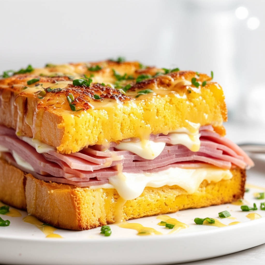 Croque madame sandwich on white plate, topped with sauce and chives, filled with ham and cheese.