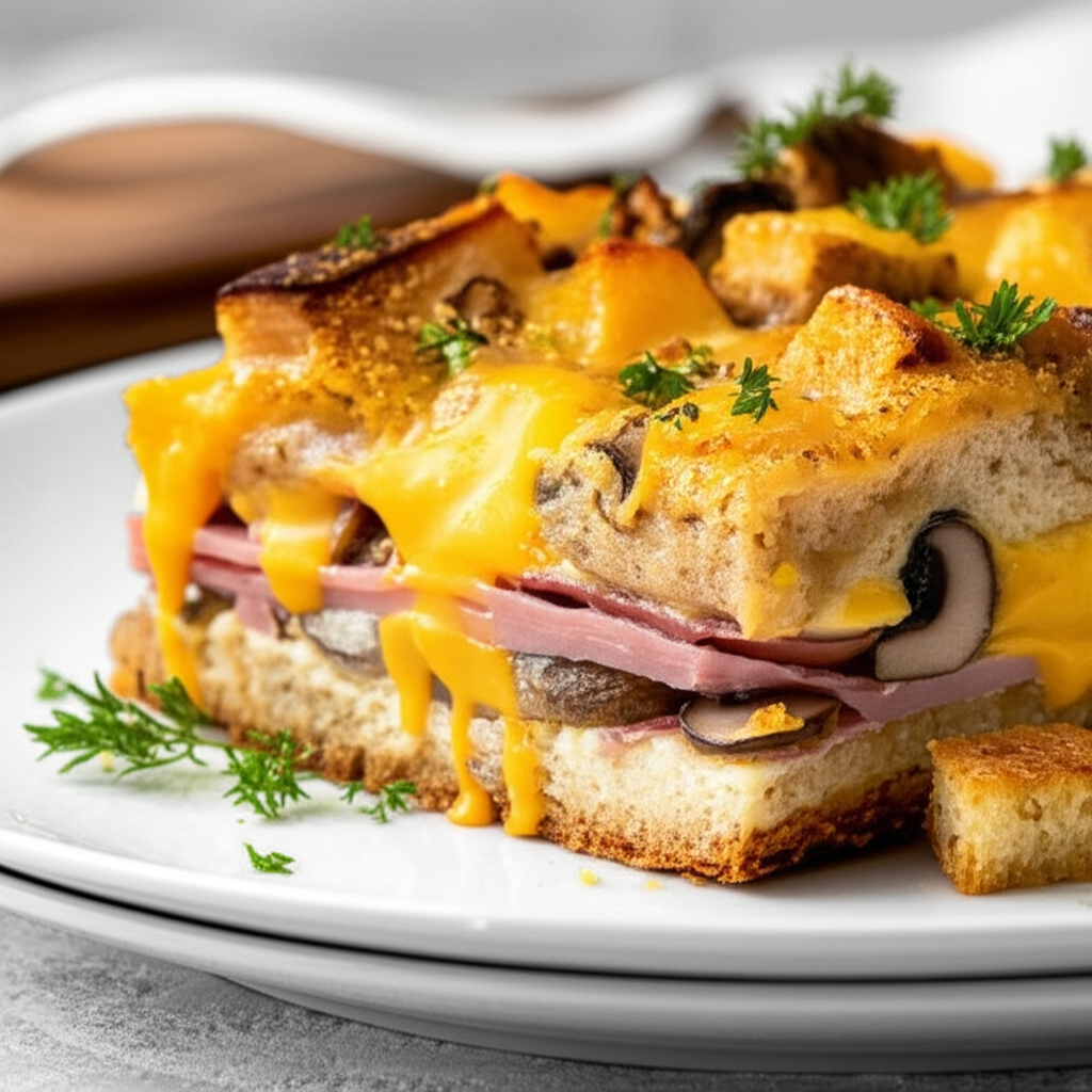 Baked brunch casserole slice with melted cheese, ham, mushrooms, and toasted bread cubes, garnished with parsley.
