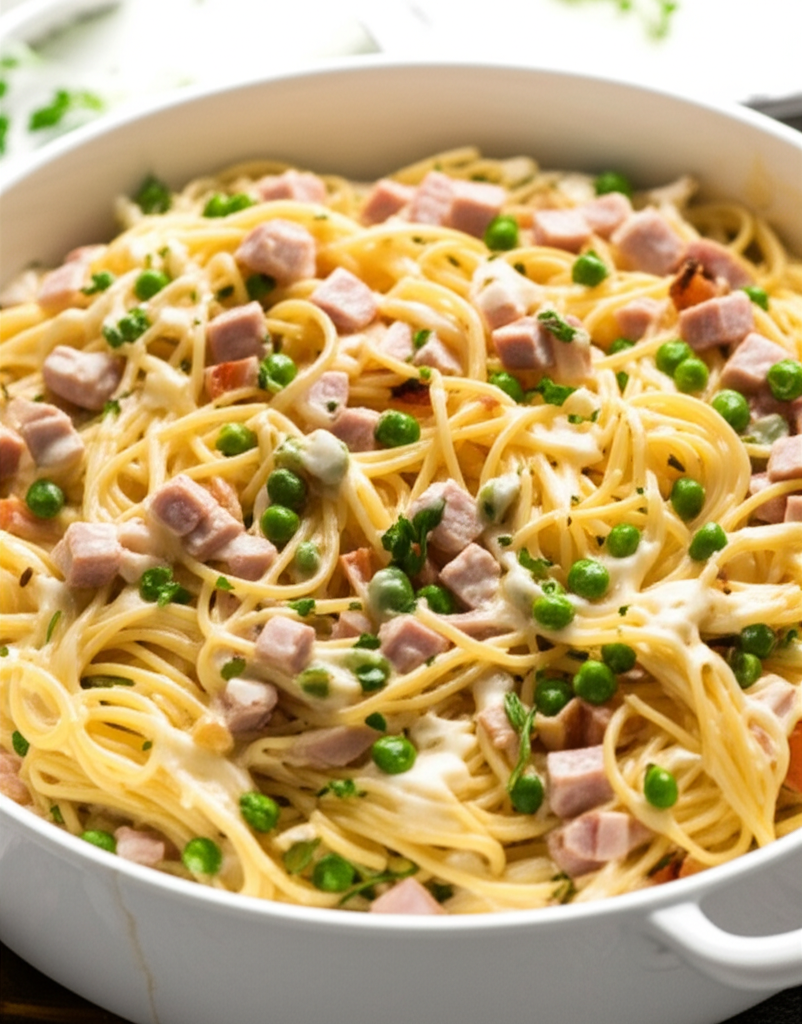 Ham Tetrazzini in a white bowl: Spaghetti with creamy sauce, diced ham, and green peas.