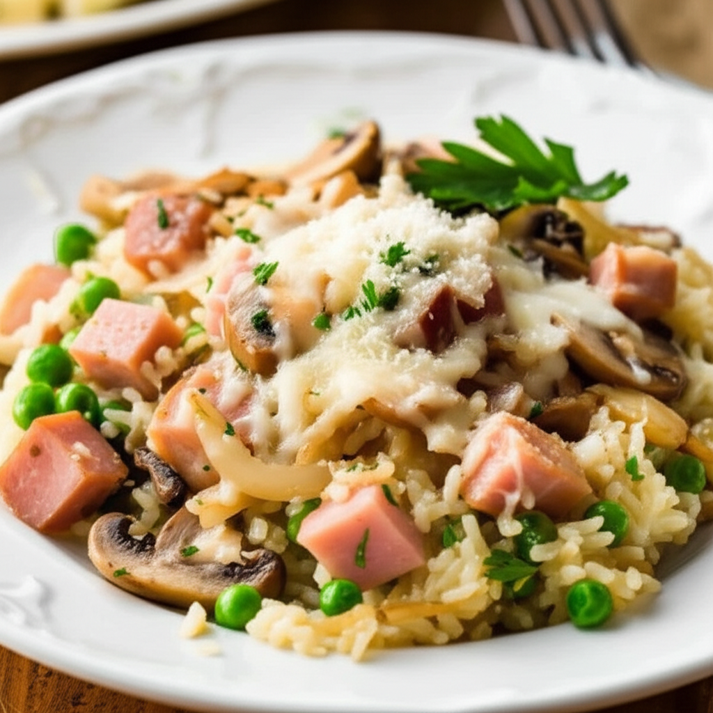 Ham and rice dish with mushrooms, peas, and melted cheese on a white plate.