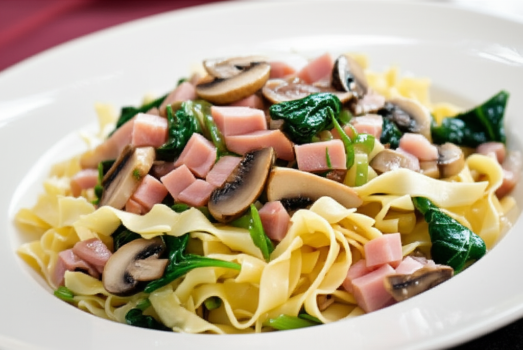 Egg noodles with cubed ham, sautéed mushrooms, and spinach on a white plate.