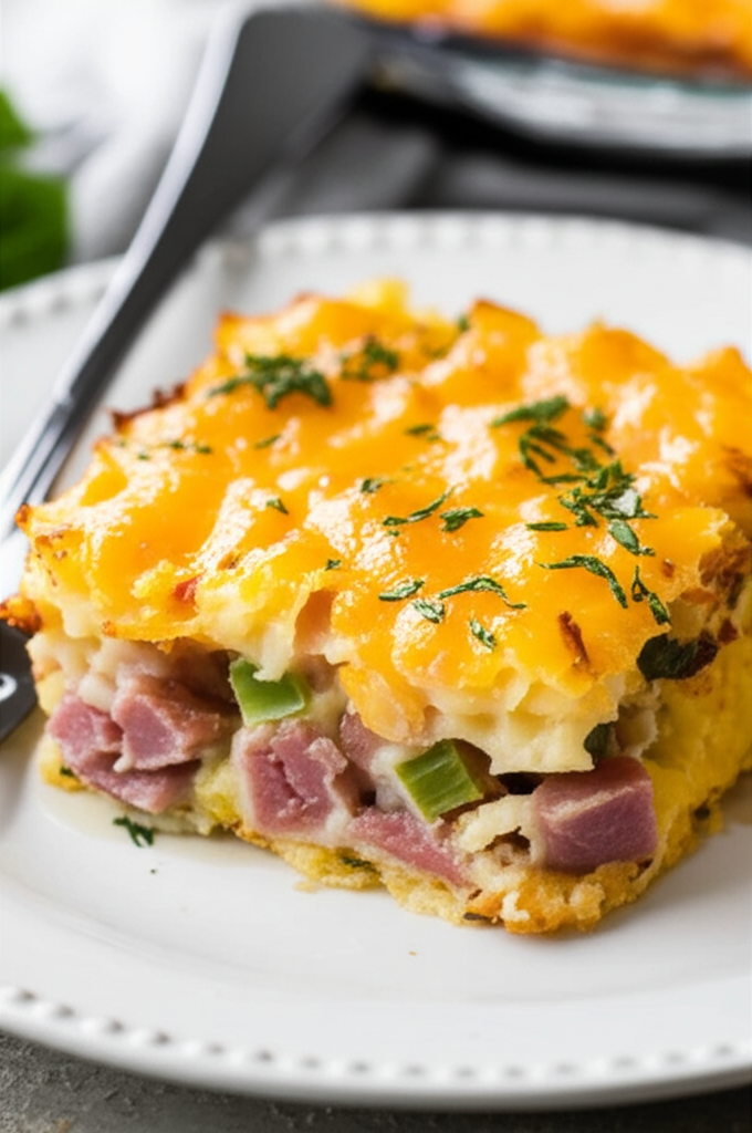 Slice of baked hash brown casserole with ham, green peppers, and melted cheddar cheese, garnished with parsley.