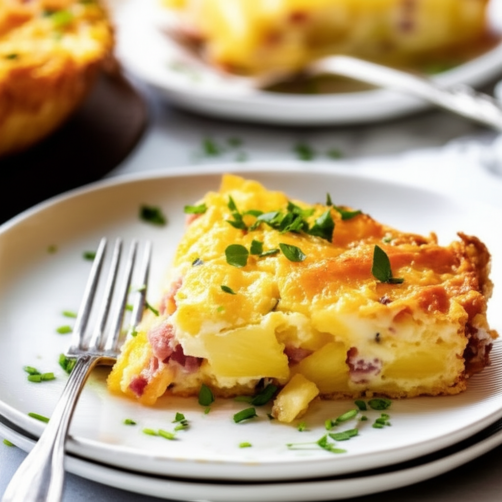 Slice of golden-baked casserole with pineapple and ham on a white plate, garnished with fresh herbs.