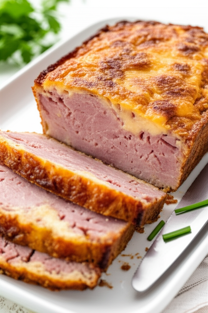 Sliced ham loaf with a golden-brown crust on a white platter, garnished with chives.