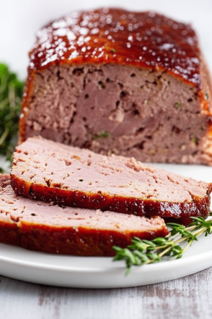 Sliced ham loaf with a glazed top, garnished with fresh herbs on a white plate.
