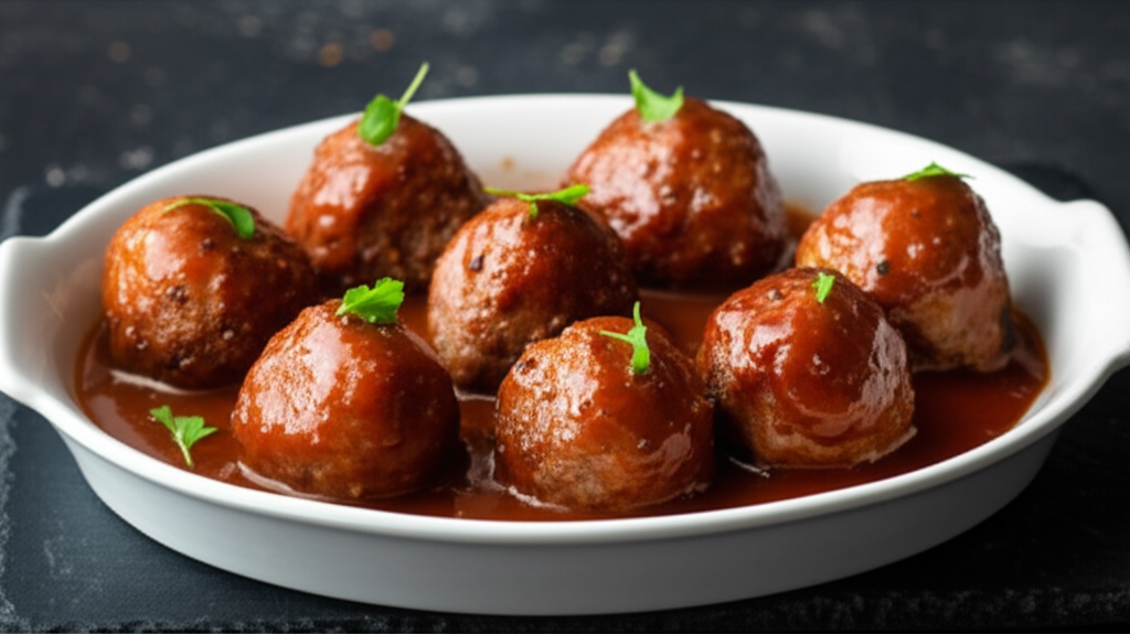 Baked ham balls in a white dish, covered in sauce and garnished with parsley.