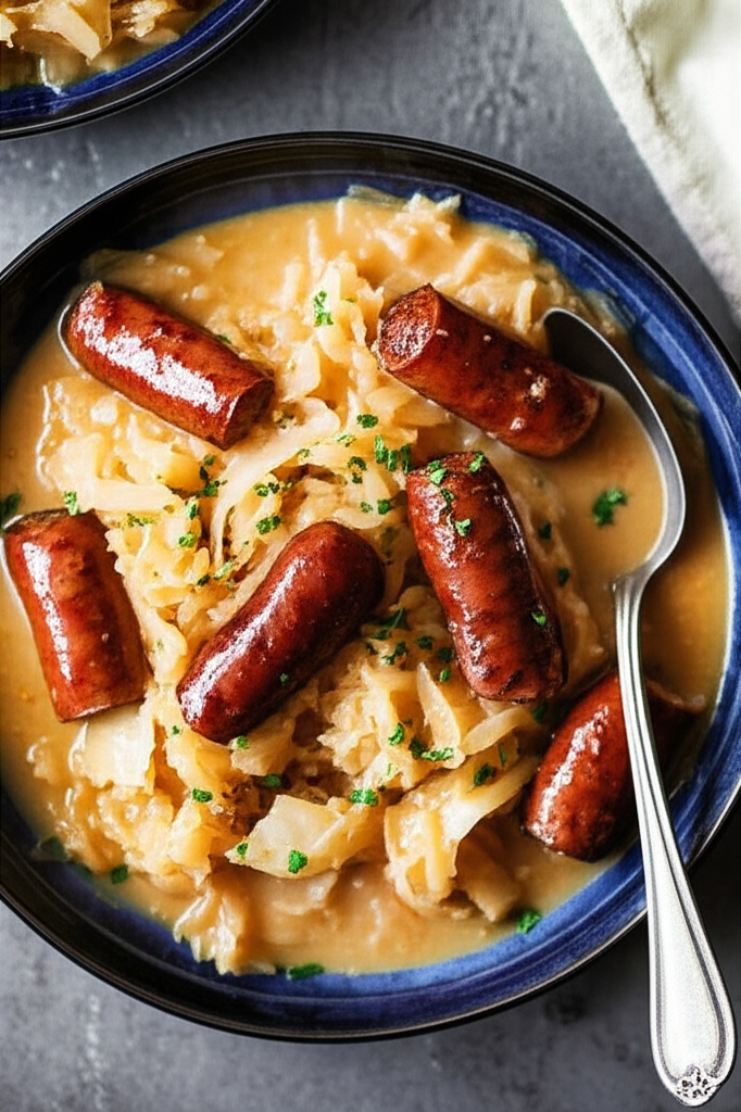 Braised cabbage with browned sausage in a blue bowl, garnished with parsley and a spoon.
