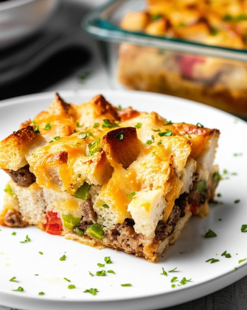 Slice of baked Italian strata with bread cubes, sausage, peppers, and melted cheese, garnished with parsley.