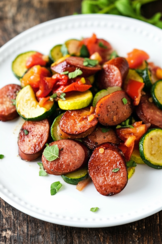 Sautéed smoked sausage slices with zucchini and red peppers on a white plate, garnished with fresh herbs.
