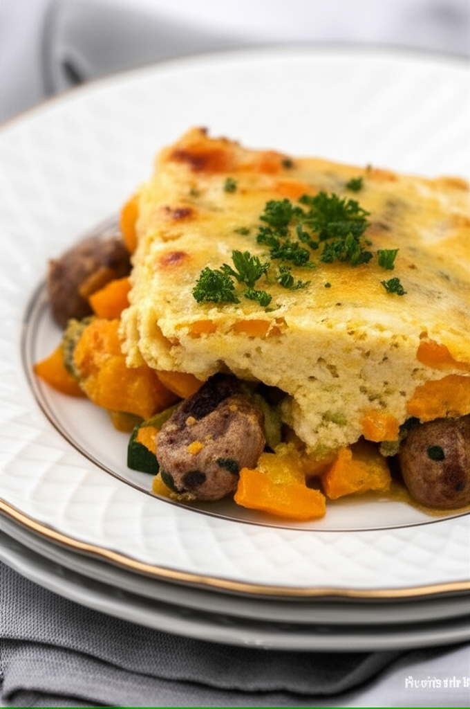 Slice of sausage and squash casserole on a plate, garnished with parsley.