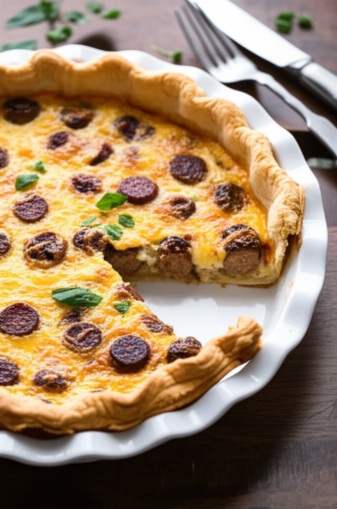 Baked sausage and cheese pie with flaky crust, sliced and garnished with fresh herbs.