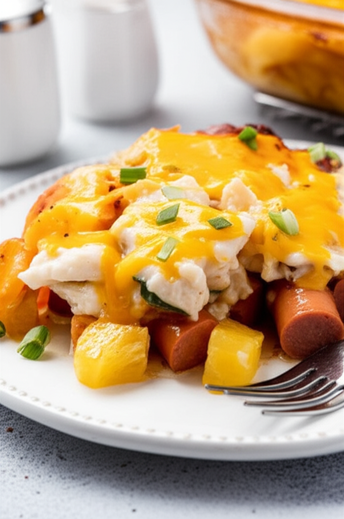 Hawaiian casserole on a plate: pineapple chunks, hot dogs, chicken, and melted cheese, garnished with green onions.