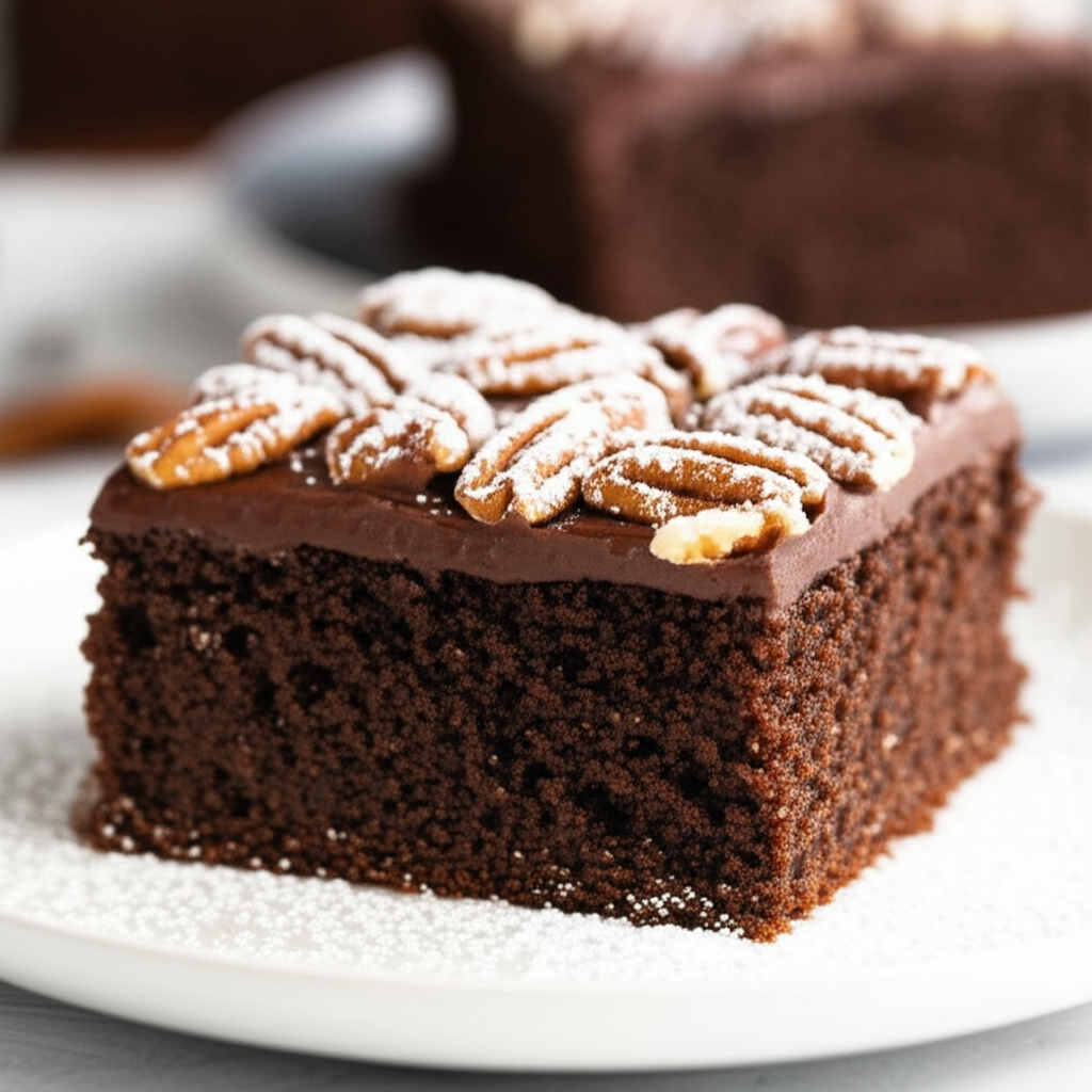 Slice of Texas sheet cake with chocolate frosting and powdered sugar-dusted pecans on a white plate.