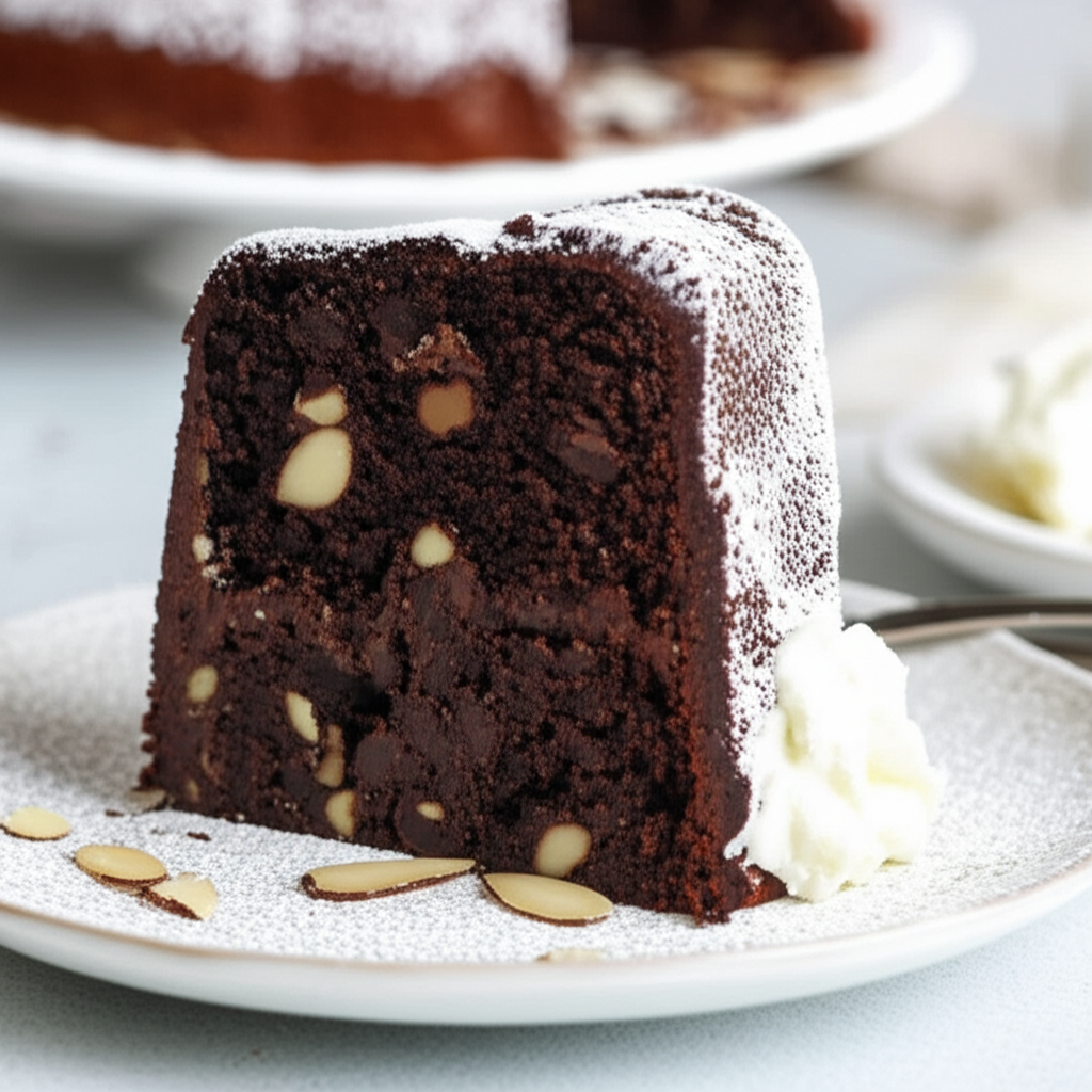 Slice of dark chocolate fudge cake with almonds, dusted with powdered sugar, served with whipped cream.