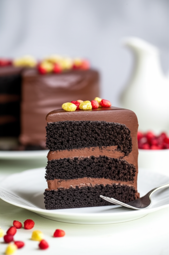 Slice of three-layer chocolate cake with fudge frosting, topped with red and yellow candies.