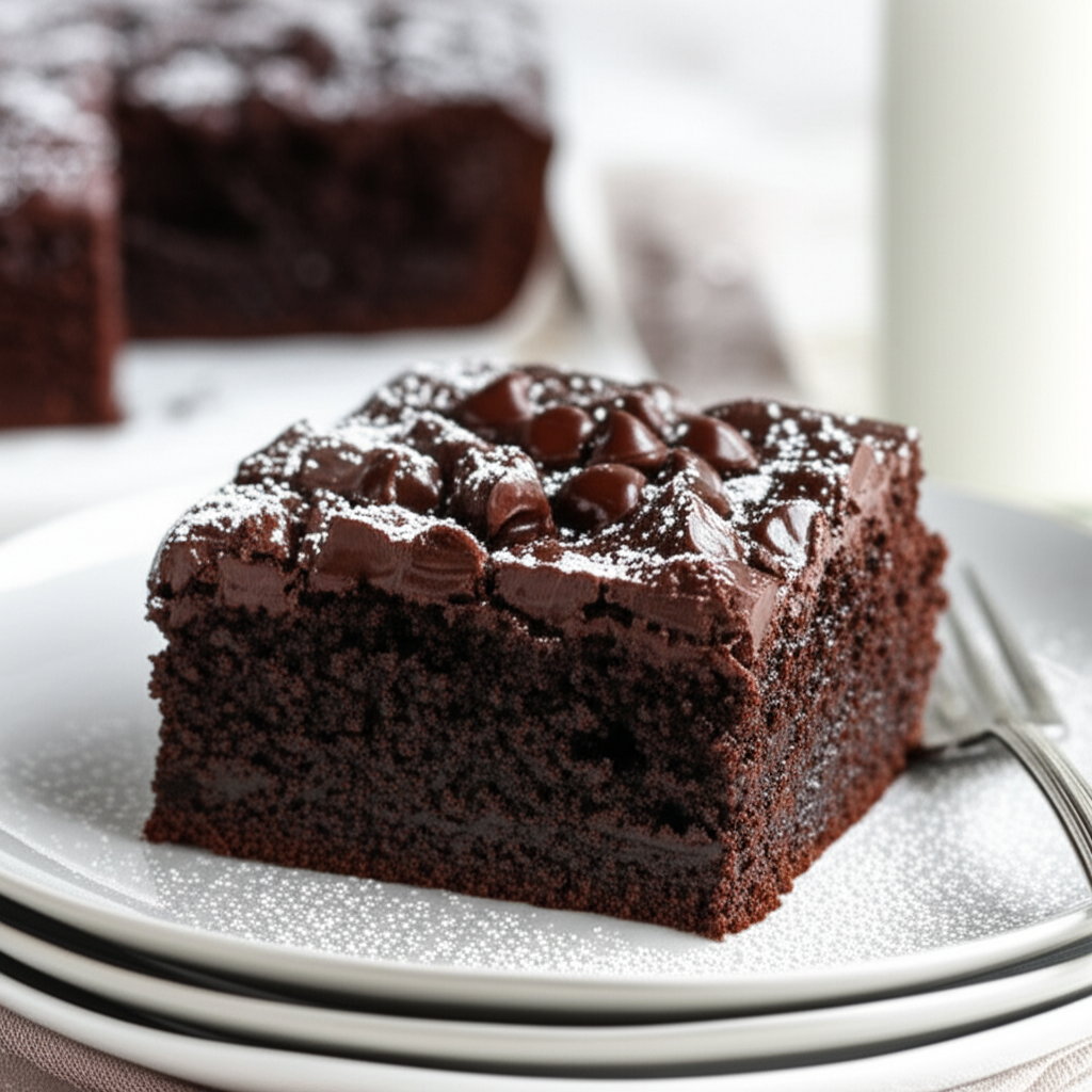 Slice of triple fudge cake on a plate, topped with chocolate chips and powdered sugar.