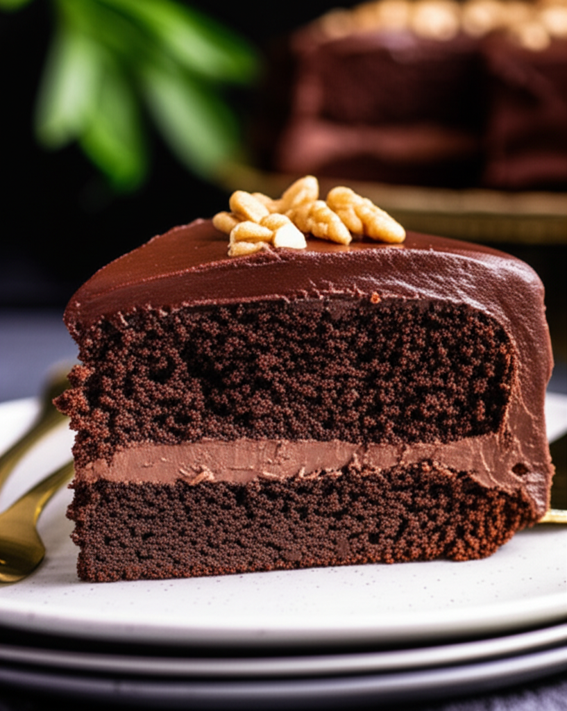 Slice of chocolate fudge cake with chocolate frosting, walnut garnish, and chocolate filling on a white plate.