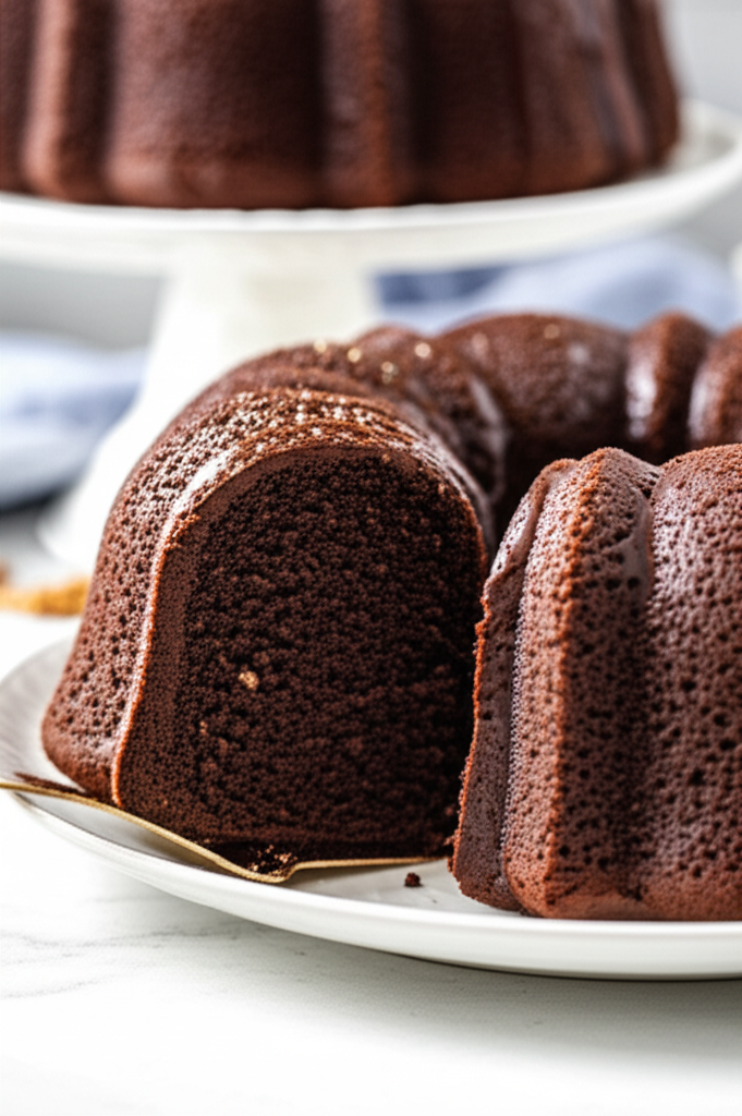 Sliced chocolate bundt cake on a white plate, showing a moist, porous texture. Another cake is on a stand in the background.