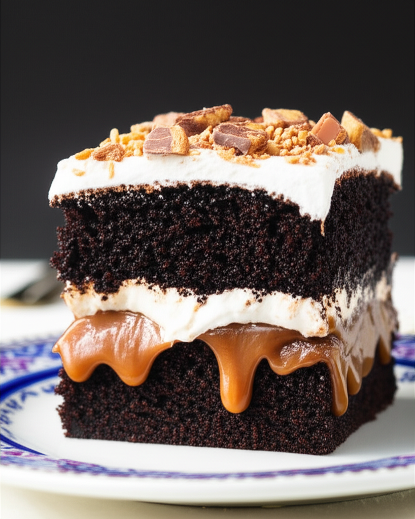 Slice of chocolate cake with caramel drizzle, white frosting, and candy pieces on a patterned plate.