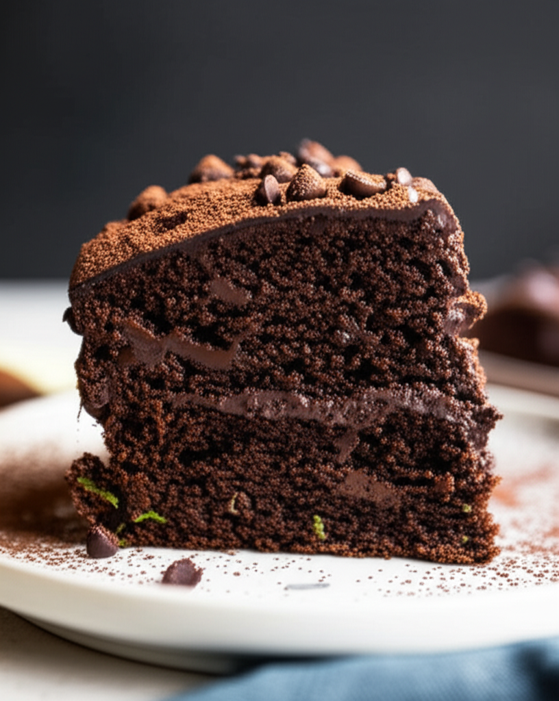 Slice of chocolate zucchini cake with chocolate frosting, cocoa powder dusting, and chocolate chips on a white plate.