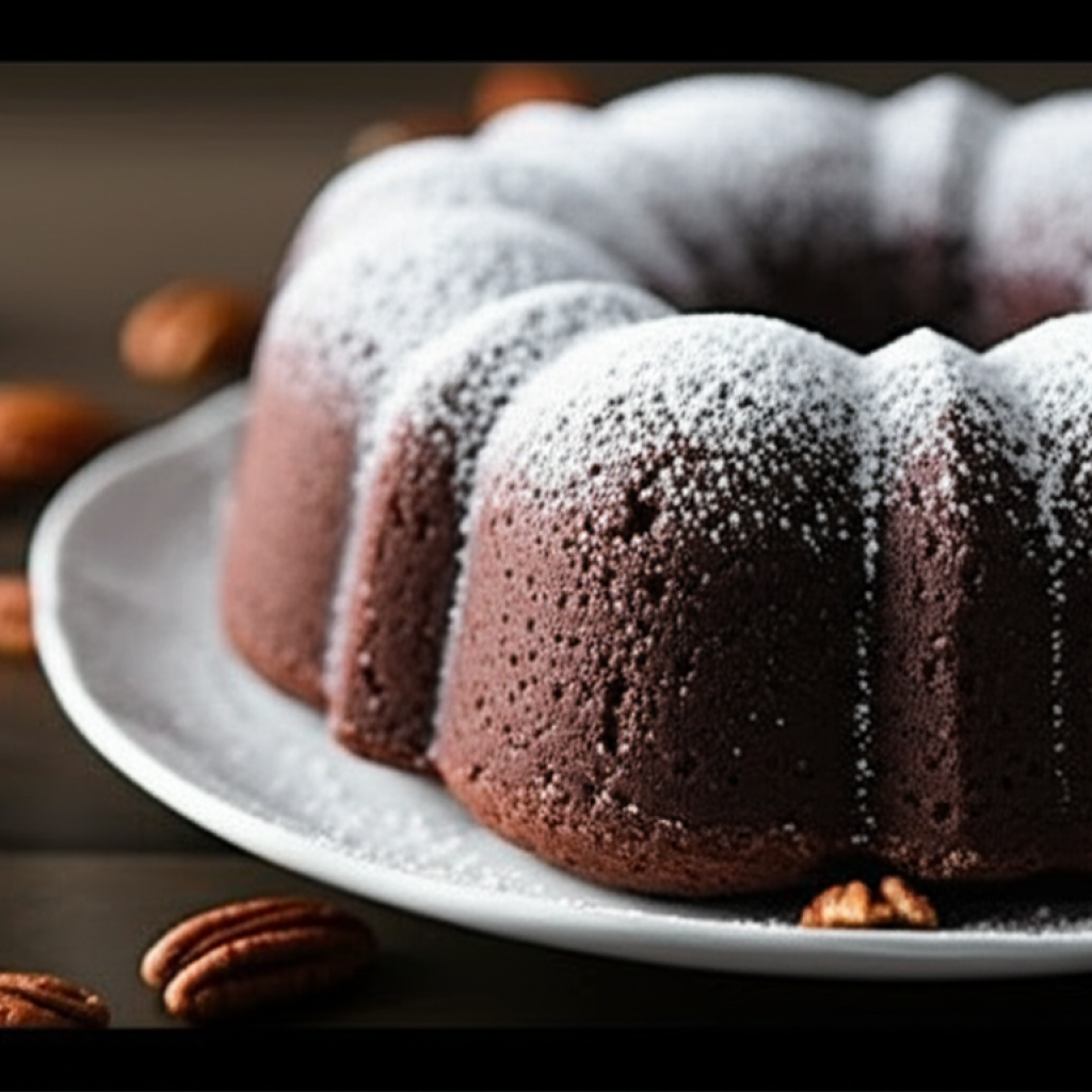 Chocolate bundt cake dusted with powdered sugar on a white plate, pecans scattered around.
