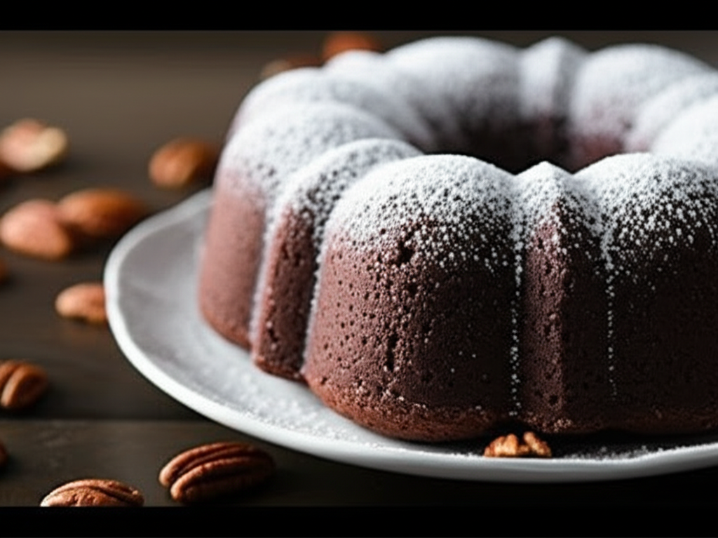 Chocolate bundt cake dusted with powdered sugar on a white plate, pecans scattered around.