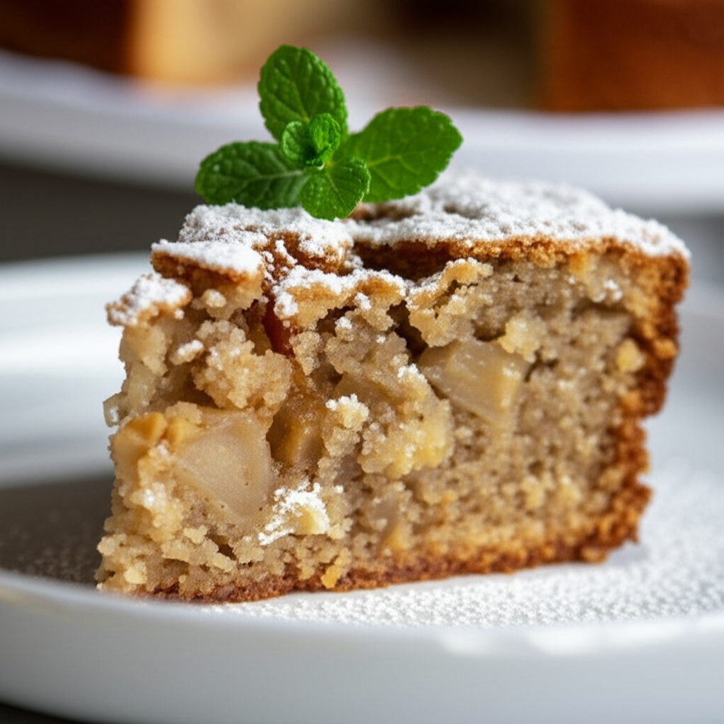 Slice of knobby apple cake dusted with powdered sugar, garnished with mint on a white plate.