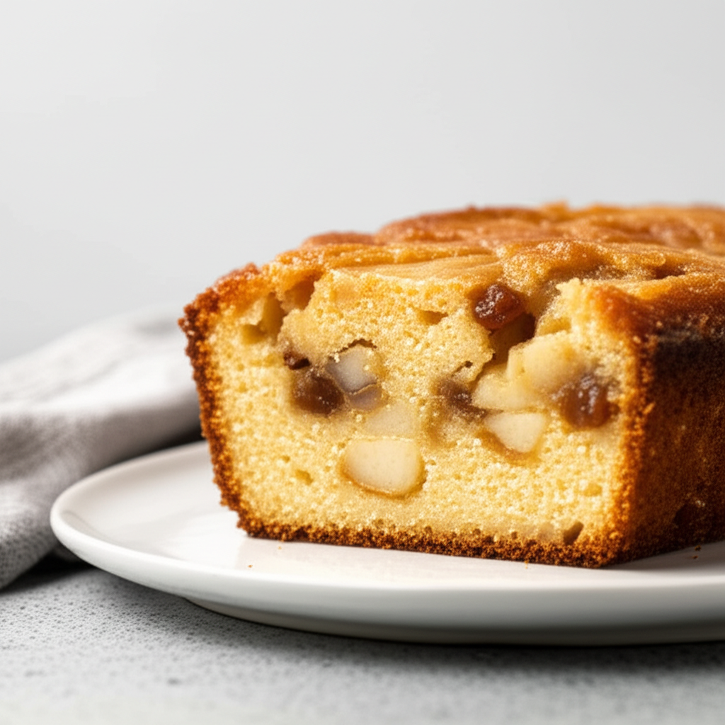 Slice of golden-brown baked apple cake with visible apple chunks and raisins on a white plate.