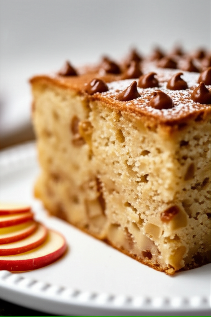 Slice of butterscotch apple cake with chocolate chips and powdered sugar, served with apple slices.