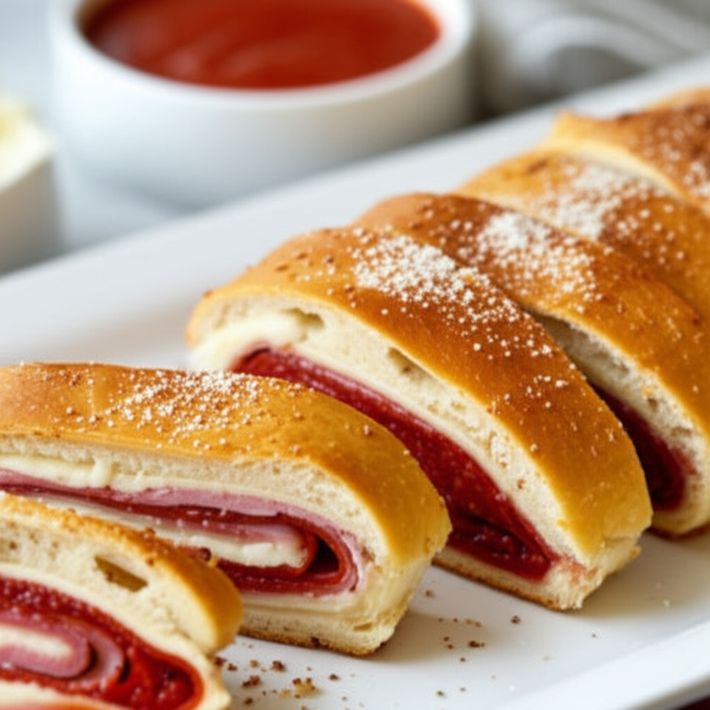 Sliced stromboli on a white plate, filled with salami, ham, and cheese, dusted with flour. Marinara sauce in background.