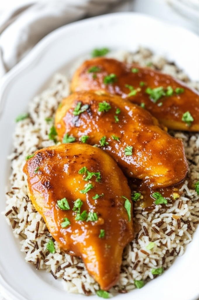 Glazed chicken breasts on wild rice, garnished with fresh parsley.