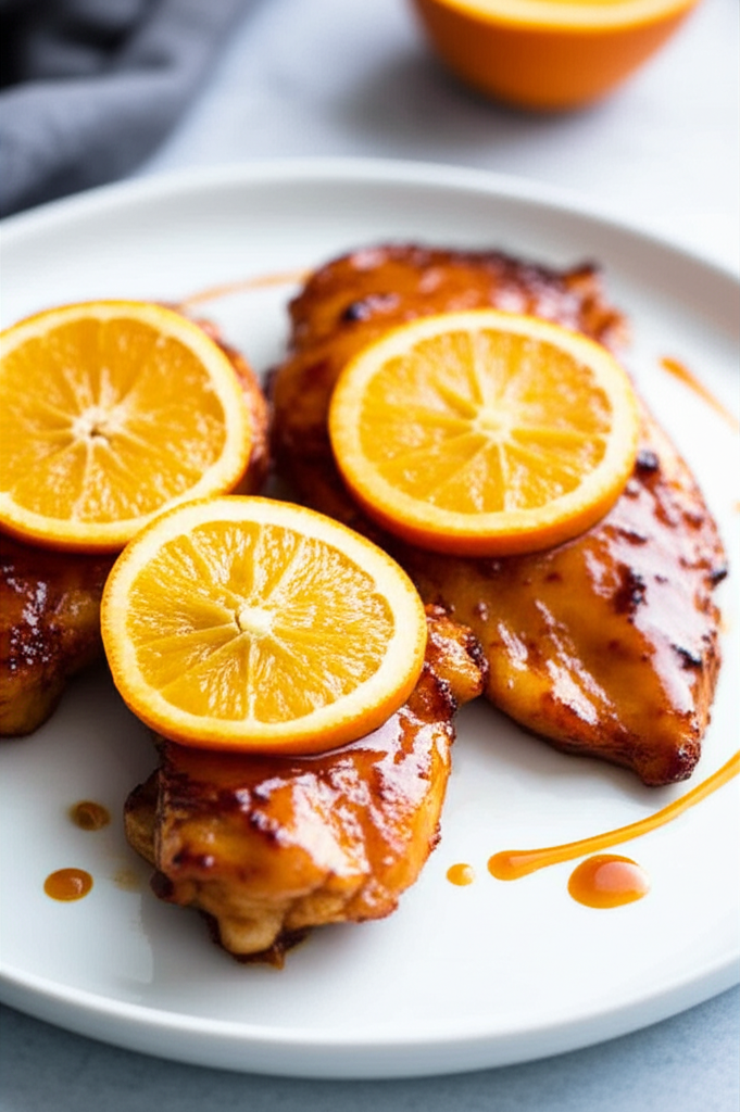 Glazed chicken pieces on a white plate, topped with orange slices and drizzled with sauce.