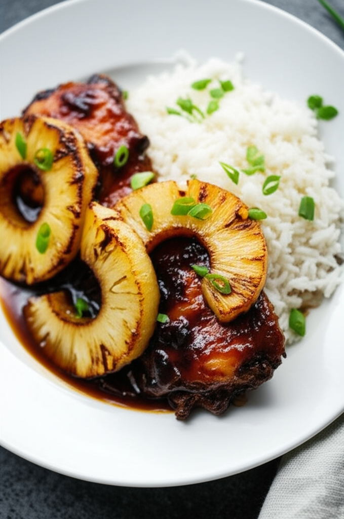 Glazed chicken with grilled pineapple rings and white rice, garnished with green onions on a white plate.