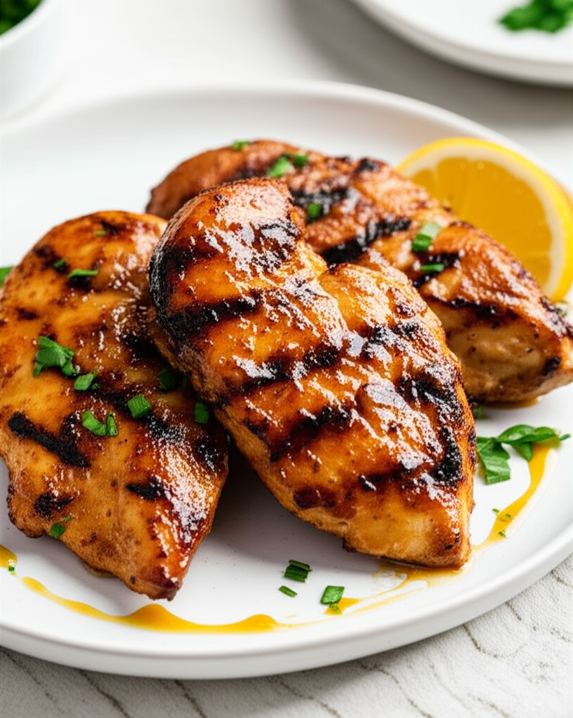 Grilled chicken breasts with grill marks, garnished with lemon and chopped chives on a white plate.