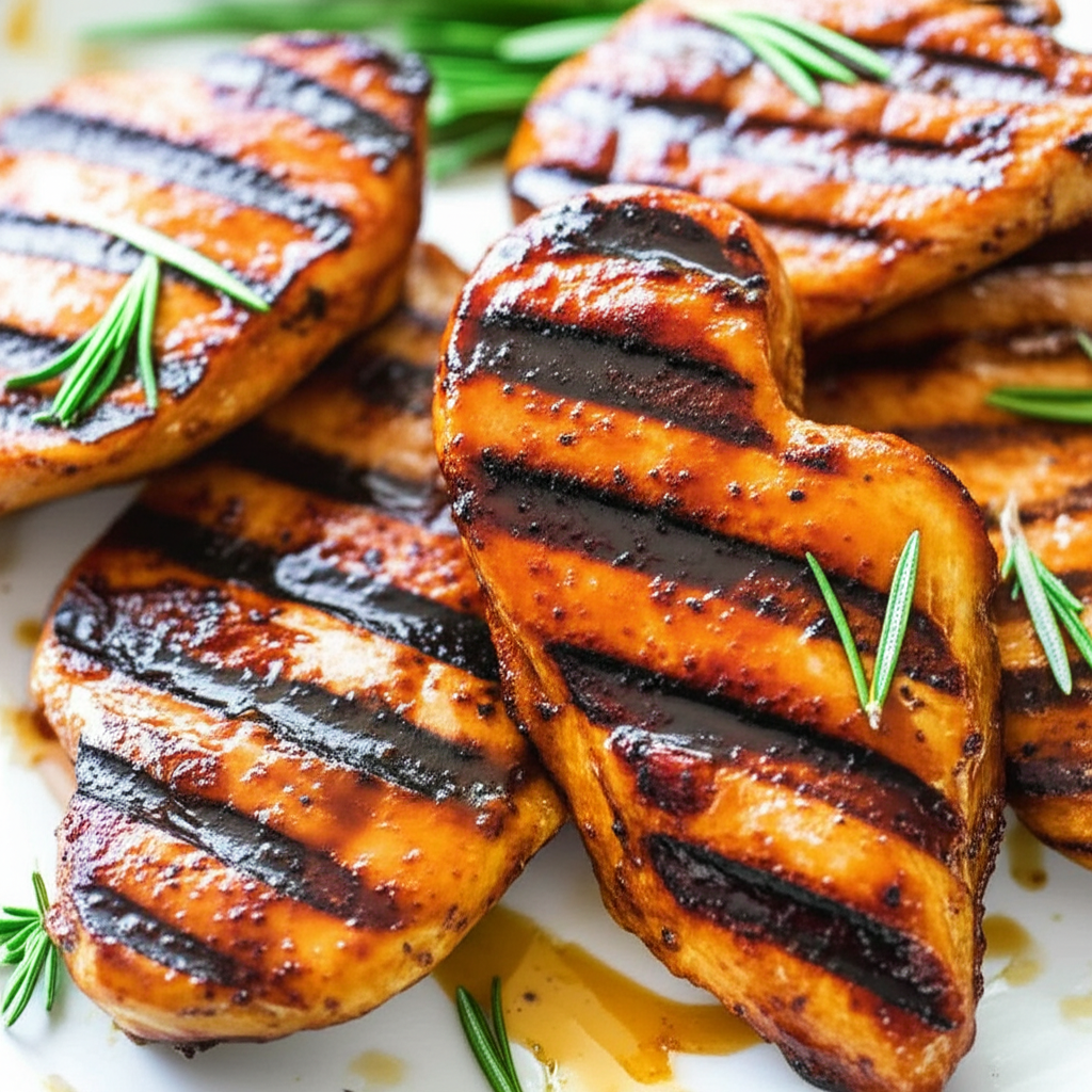 Grilled chicken breasts with dark grill marks, glazed and garnished with rosemary sprigs.